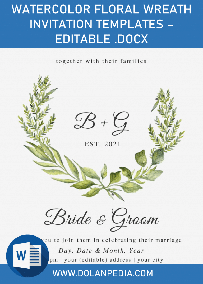 Watercolor Floral Wreath Invitation Templates – Editable .Docx