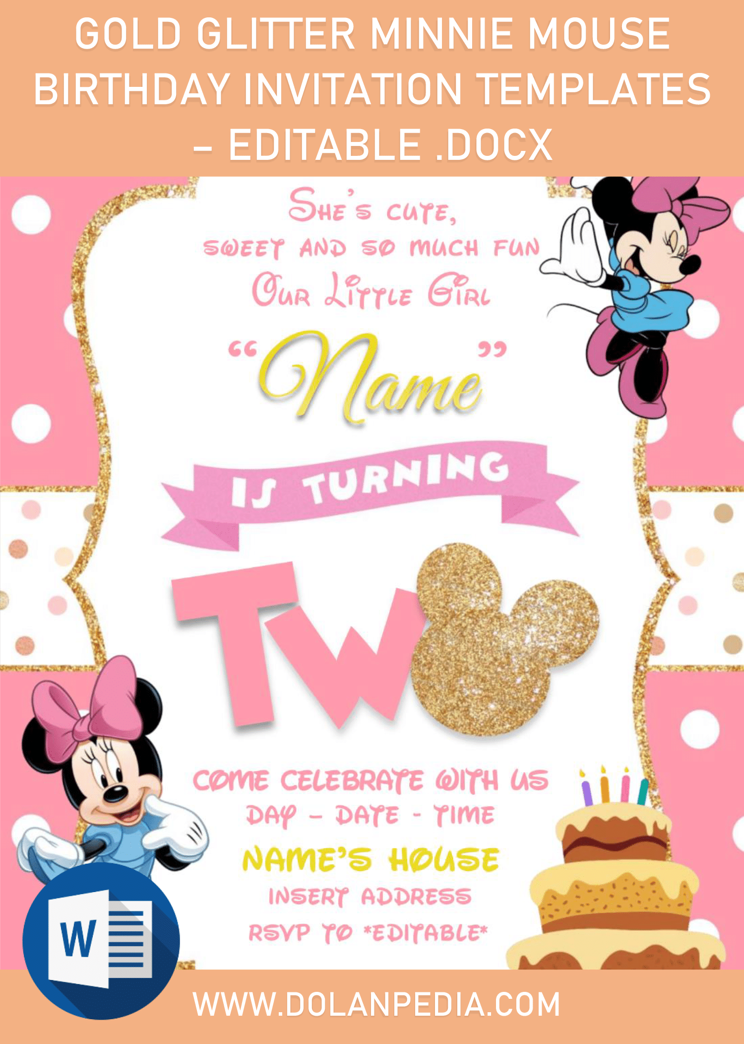 Gold Glitter Minnie Mouse Birthday Invitation Templates - Editable .Docx and has
