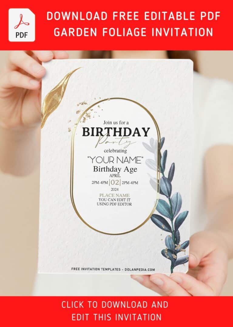 (Free Editable PDF) Romantic Blue And Gold Garden Foliage Invitation Templates with watercolor fern