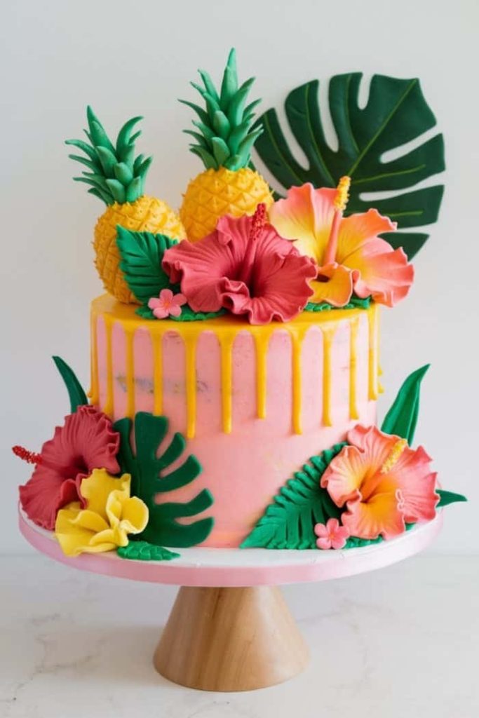 Tropical Luau Cake with dripping pineapple sauce