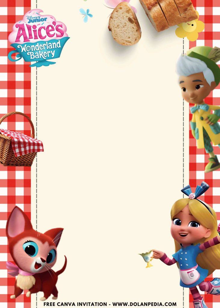 Free and Editable Alice in Wonderland Bakery Invitation Templates Made in Canva. Customize Online for free