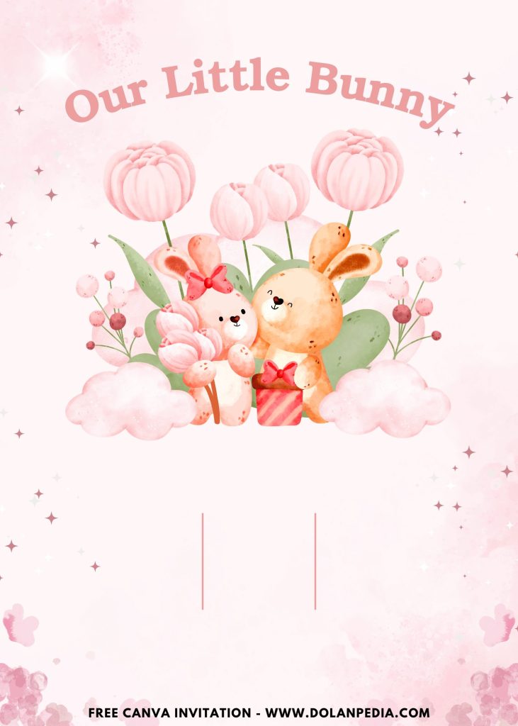 Free and Editable Watercolor Bunny in the Tulip Garden 1st Birthday Invitation Templates Made in Canva. Customize Online for free