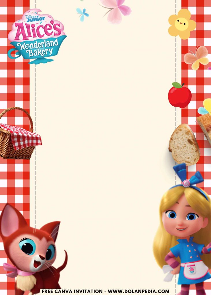 Free and Editable Cheerful Picnic Alice in Wonderland Invitation Templates Made in Canva. Customize Online for free