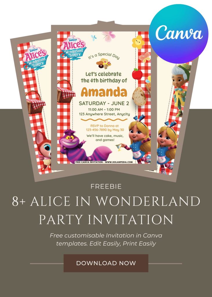 Free and Editable Adorable Picnic Alice in Wonderland Invitation Templates Made in Canva. Customize Online for free