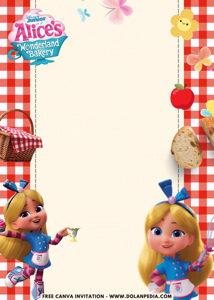 Free and Editable Playful Picnic Alice in Wonderland Invitation Templates Made in Canva. Customize Online for free