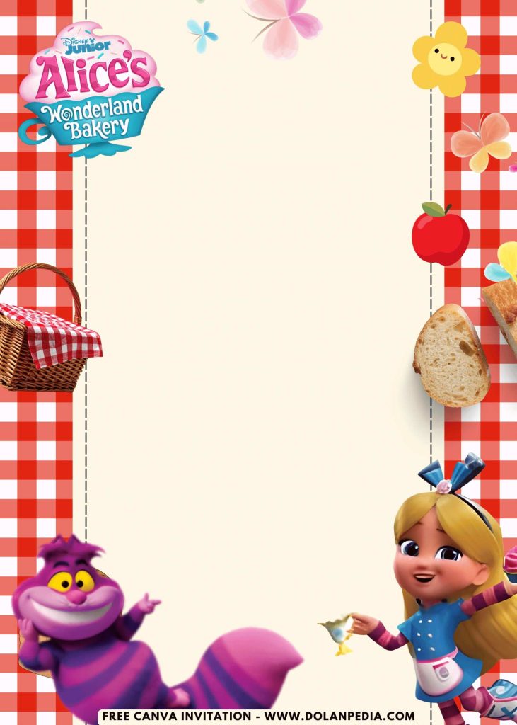 Free and Editable Lovely Cute Picnic Alice in Wonderland Invitation Templates Made in Canva. Customize Online for free