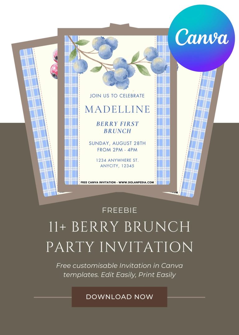 Free and Editable Sweetest Berry Brunch 1st Birthday Invitation Templates Made in Canva. Customize Online for free