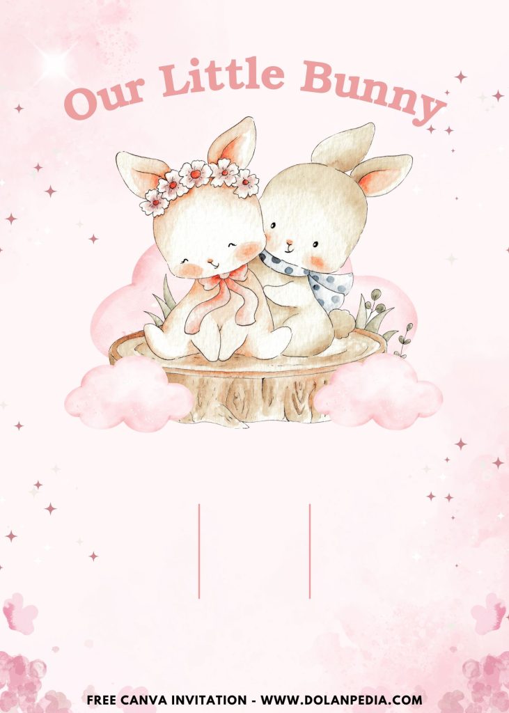 Free and Editable Flower Crowned Bunny in the Garden 1st Birthday Invitation Templates Made in Canva. Customize Online for free