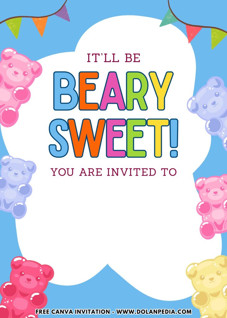 Free and Editable Lovely Cute Gummy Jelly Bear Party Invitation Templates Made in Canva. Customize Online for free