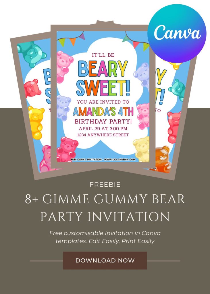 Free and Editable Cute Gummy Jelly Bear Party Invitation Templates Made in Canva. Customize Online for free