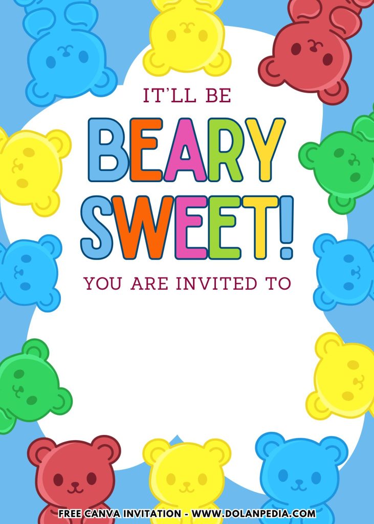 Free and Editable Lovely Gummy Jelly Bear Party Invitation Templates Made in Canva. Customize Online for free