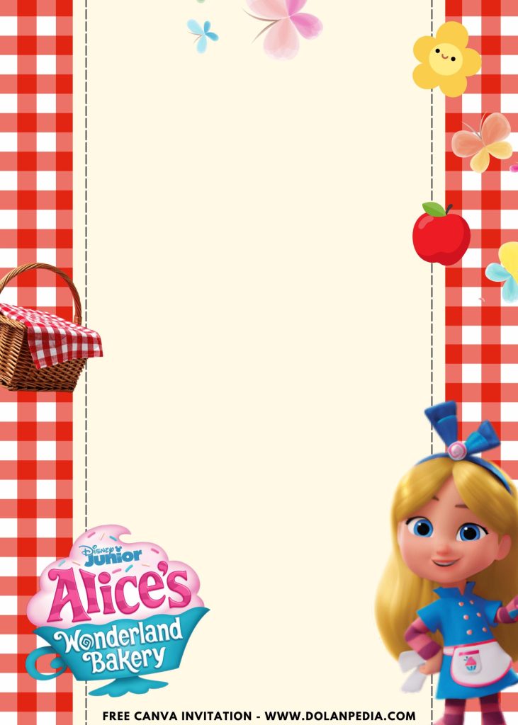 Free and Editable Cute Picnic Alice in Wonderland Invitation Templates Made in Canva. Customize Online for free