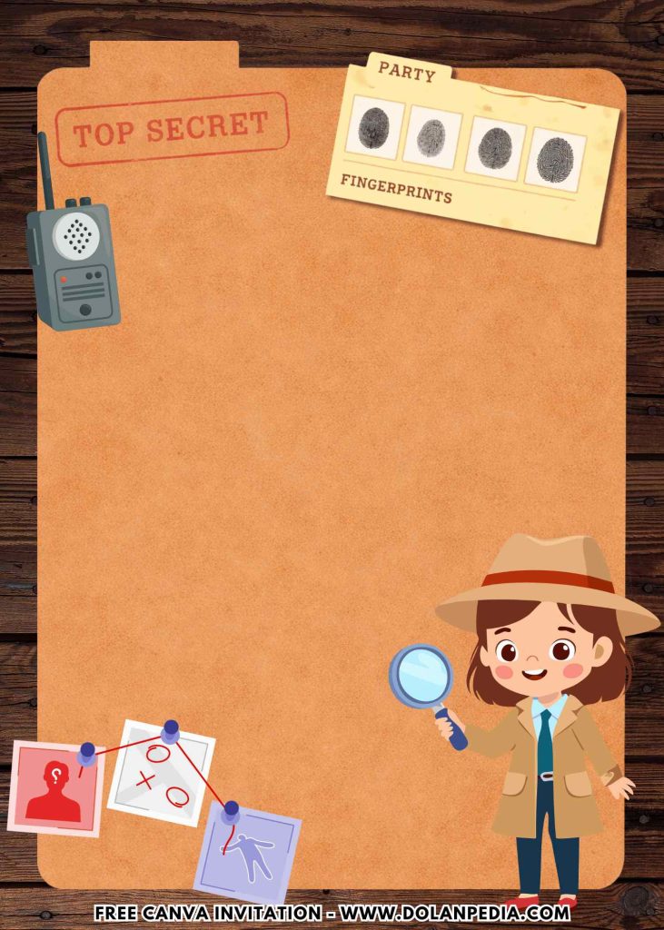 Free and Editable Chibi Girl Spy Agent Detective Invitation Templates Made in Canva. Customize Online for free