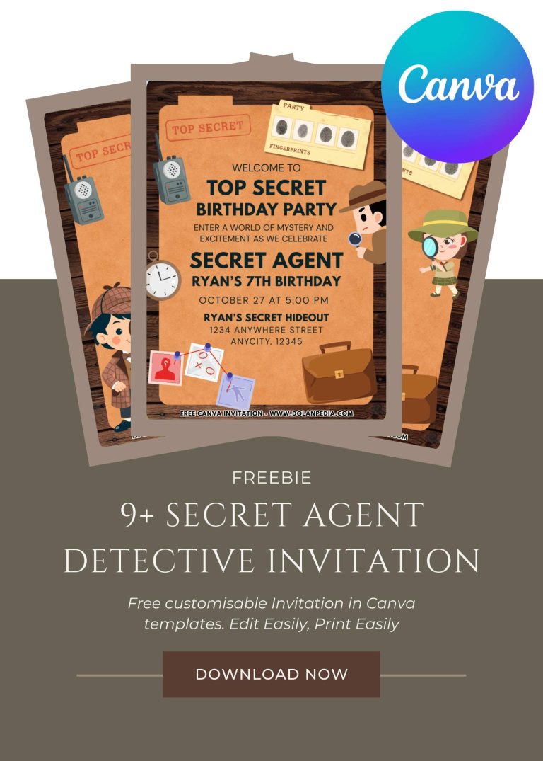 Free and Editable Awesome Little Spy Agent Detective Invitation Templates Made in Canva. Customize Online for free