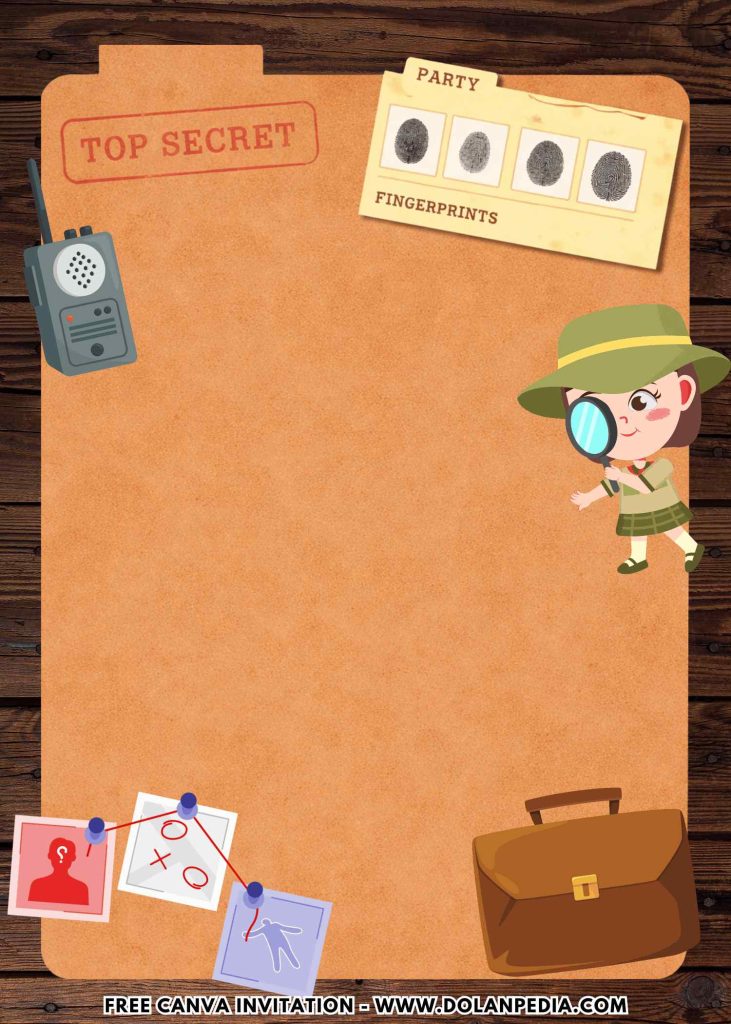 Free and Editable Little Girl Spy Agent Detective Invitation Templates Made in Canva. Customize Online for free