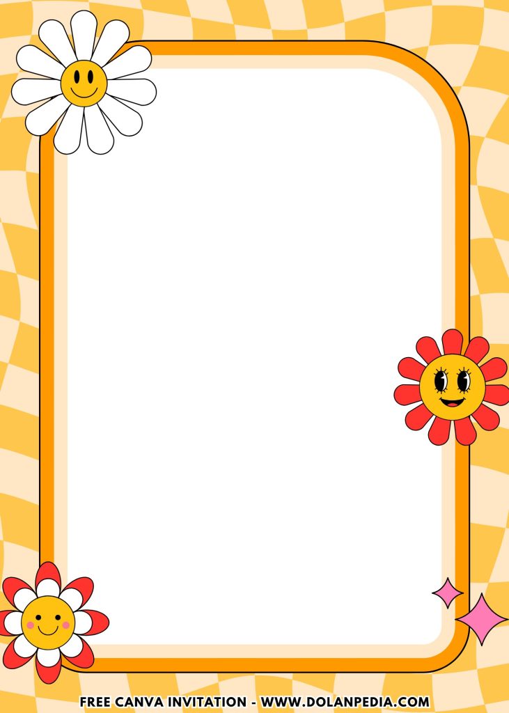 Free and Editable Cute Smiley Floral Groovy 70s Style Party Invitation Templates Made in Canva. Customize Online for free