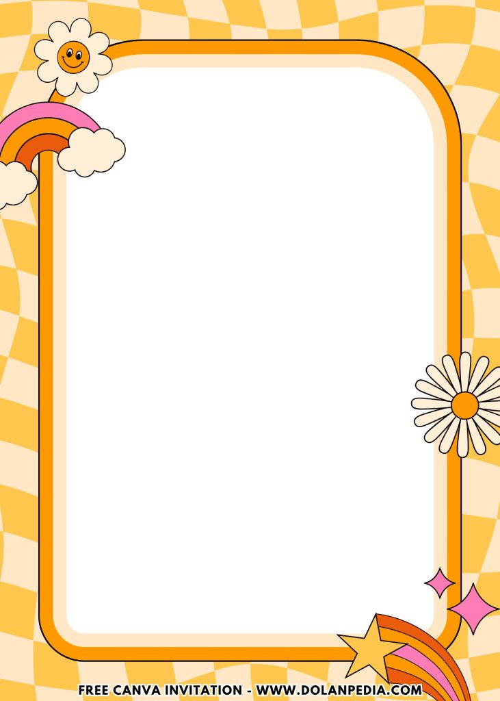 Free and Editable Colorful Rainbow Groovy 70s Style Party Invitation Templates Made in Canva. Customize Online for free