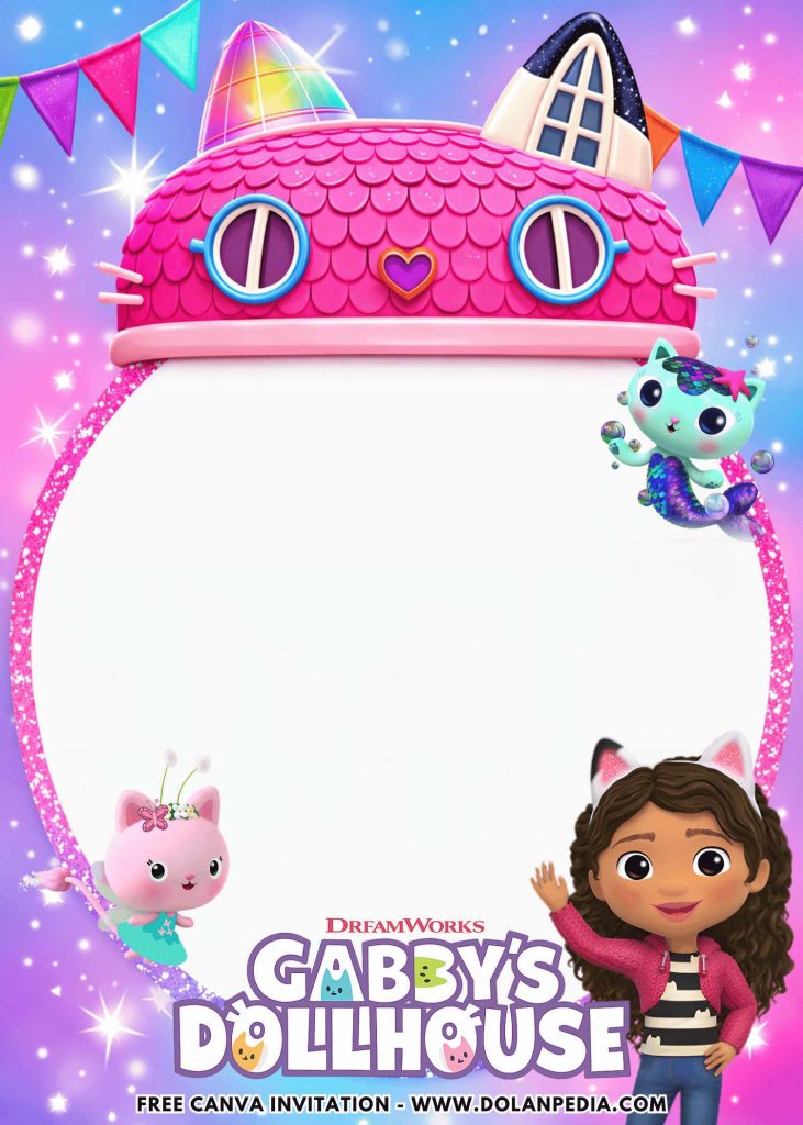 Free and Editable Gabby Dollhouse Kitty Fairy and MerCat Invitation Templates Made in Canva. Customize Online for free