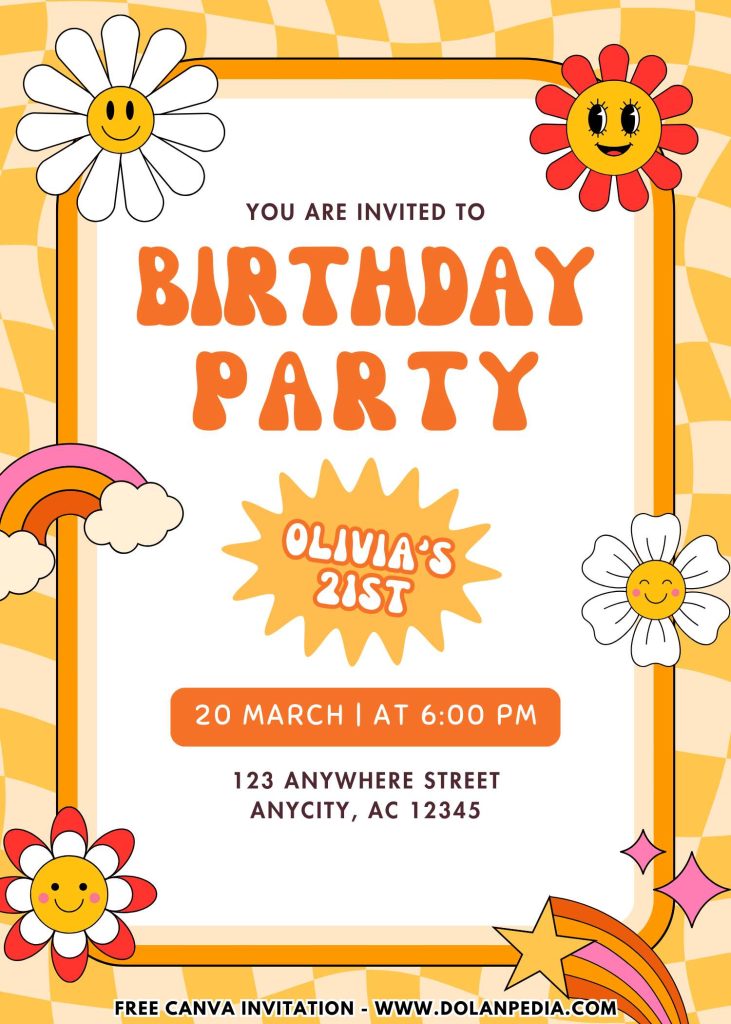 Free and Editable Cute Retro Groovy 70s Style Party Invitation Templates Made in Canva. Customize Online for free