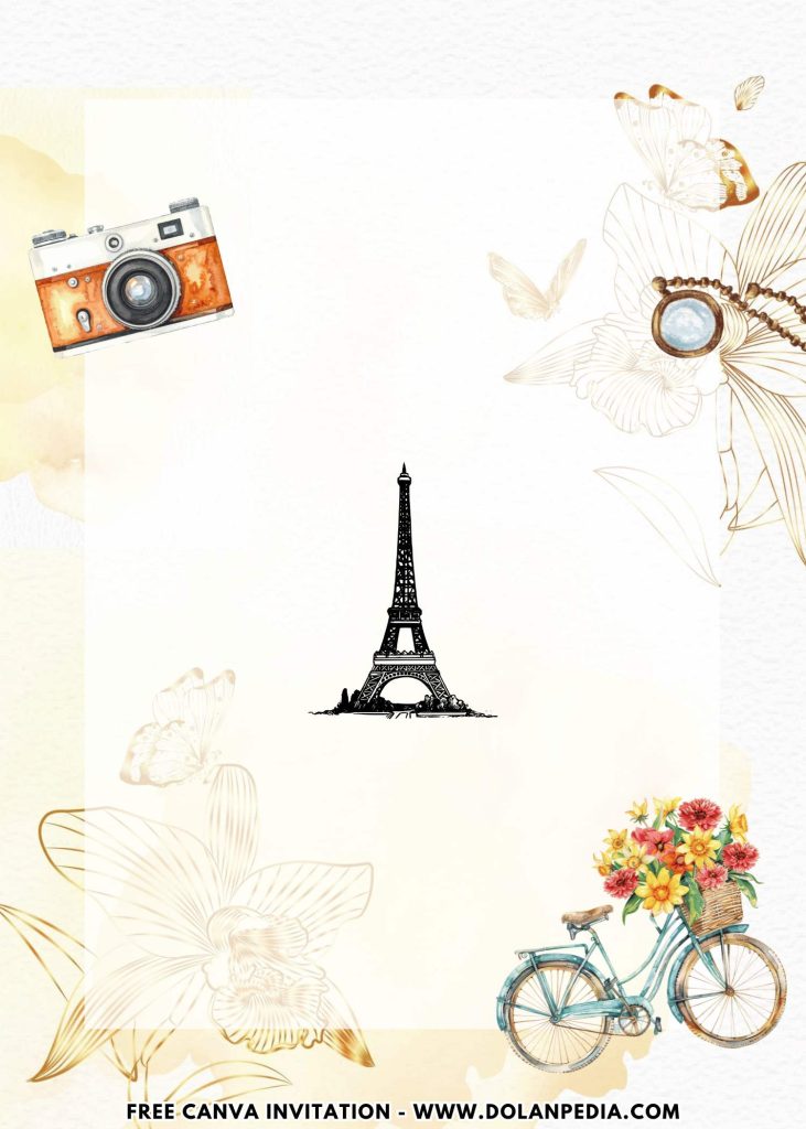 Free and Editable Vintage Camera and Floral Paris Party Invitation Templates Made in Canva. Customize Online for free