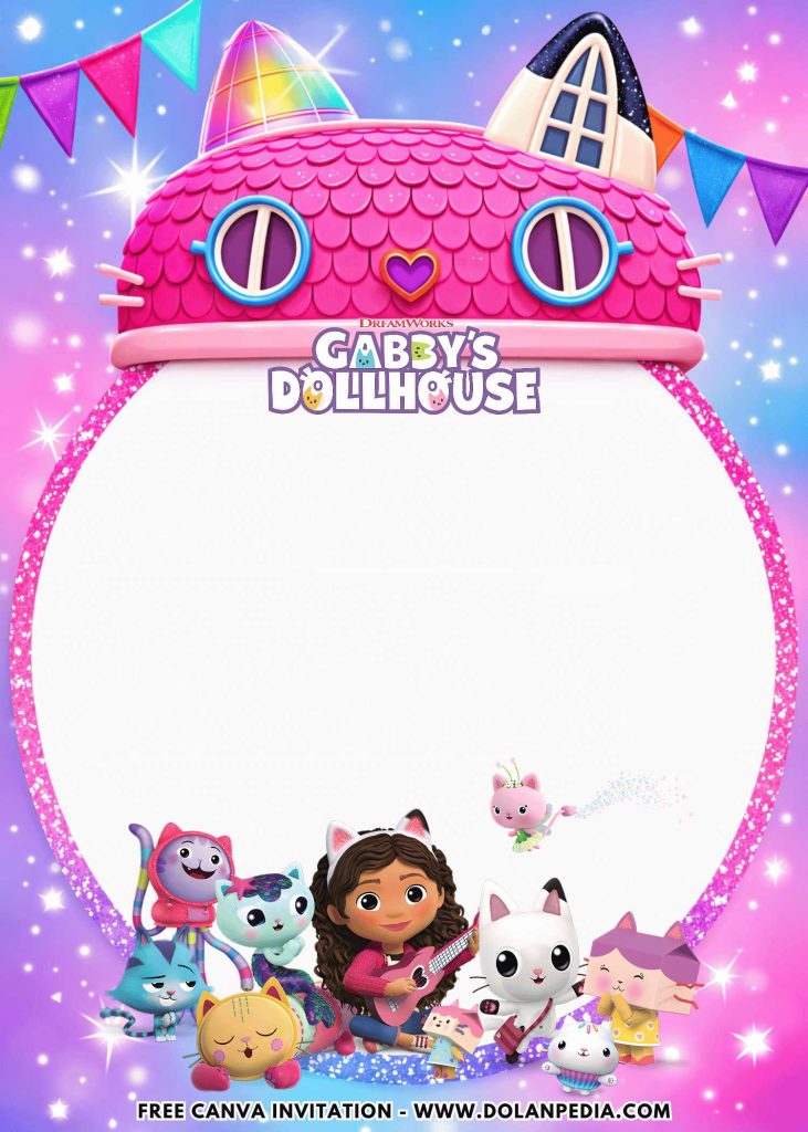 Free and Editable Gabby Dollhouse Girls Birthday Invitation Templates Made in Canva. Customize Online for free