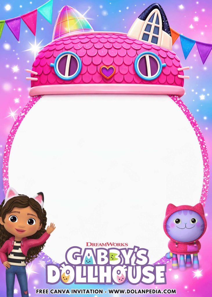 Free and Editable Gabby Dollhouse and DJ Catnip Invitation Templates Made in Canva. Customize Online for free