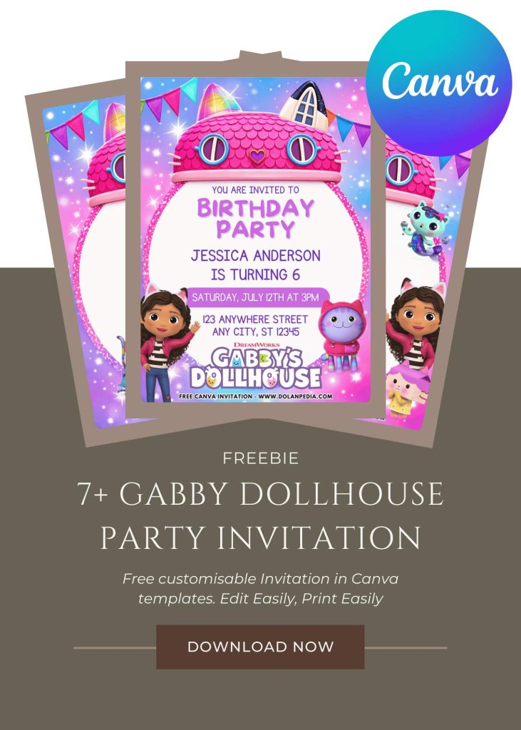 Free and Editable Sparkling Glitter Gabby's Dollhouse Invitation Templates Made in Canva. Customize Online for free