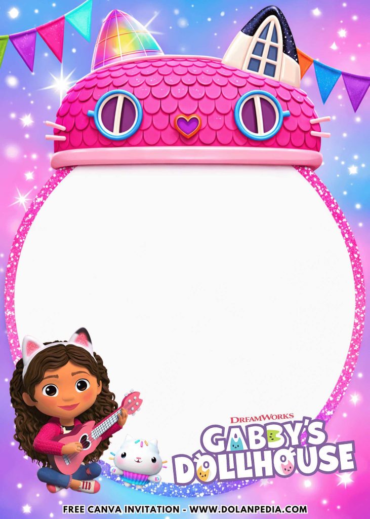 Free and Editable Gabby Dollhouse Playing Her Guitar Invitation Templates Made in Canva. Customize Online for free
