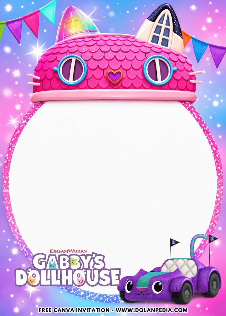 Free and Editable Gabby Dollhouse Invitation Templates Made in Canva. Customize Online for free