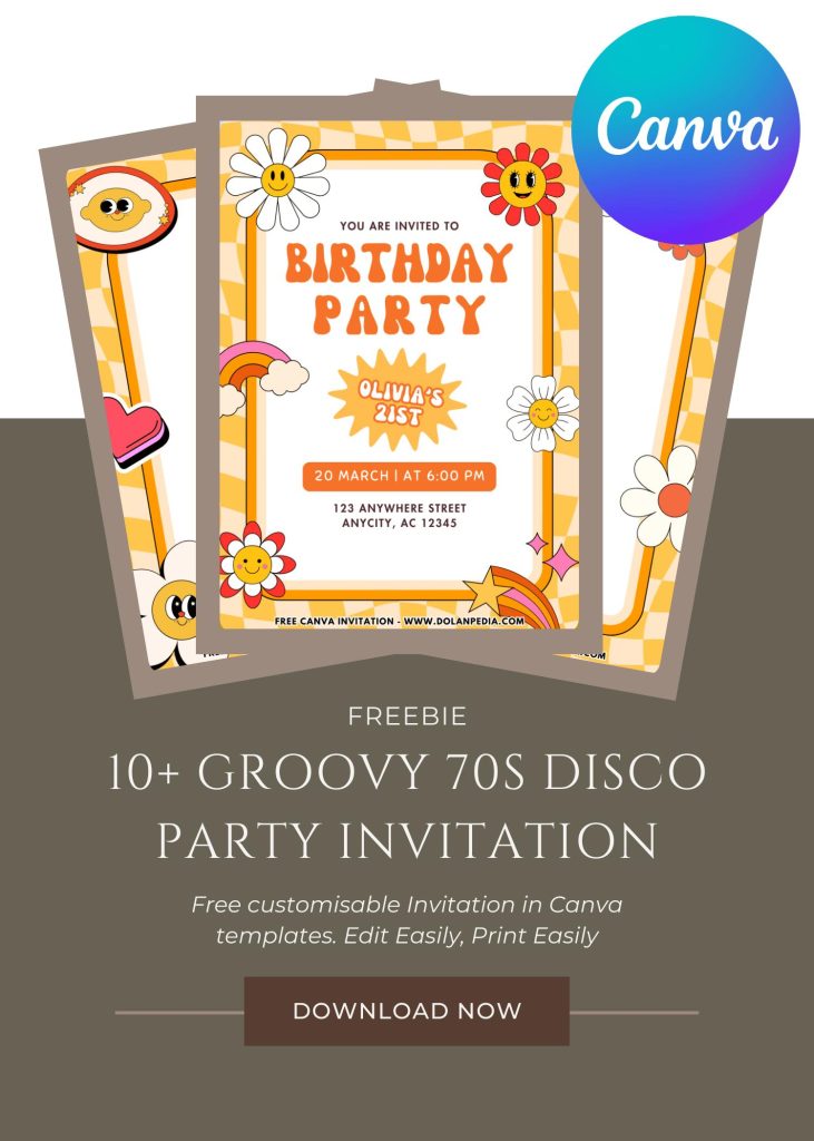 Free and Editable Cute Groovy 70s Style Party Invitation Templates Made in Canva. Customize Online for free