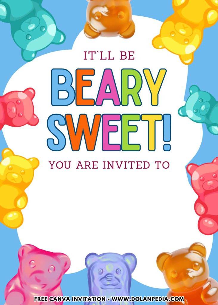 Free and Editable Beary Sweet Gummy Jelly Bear Party Invitation Templates Made in Canva. Customize Online for free