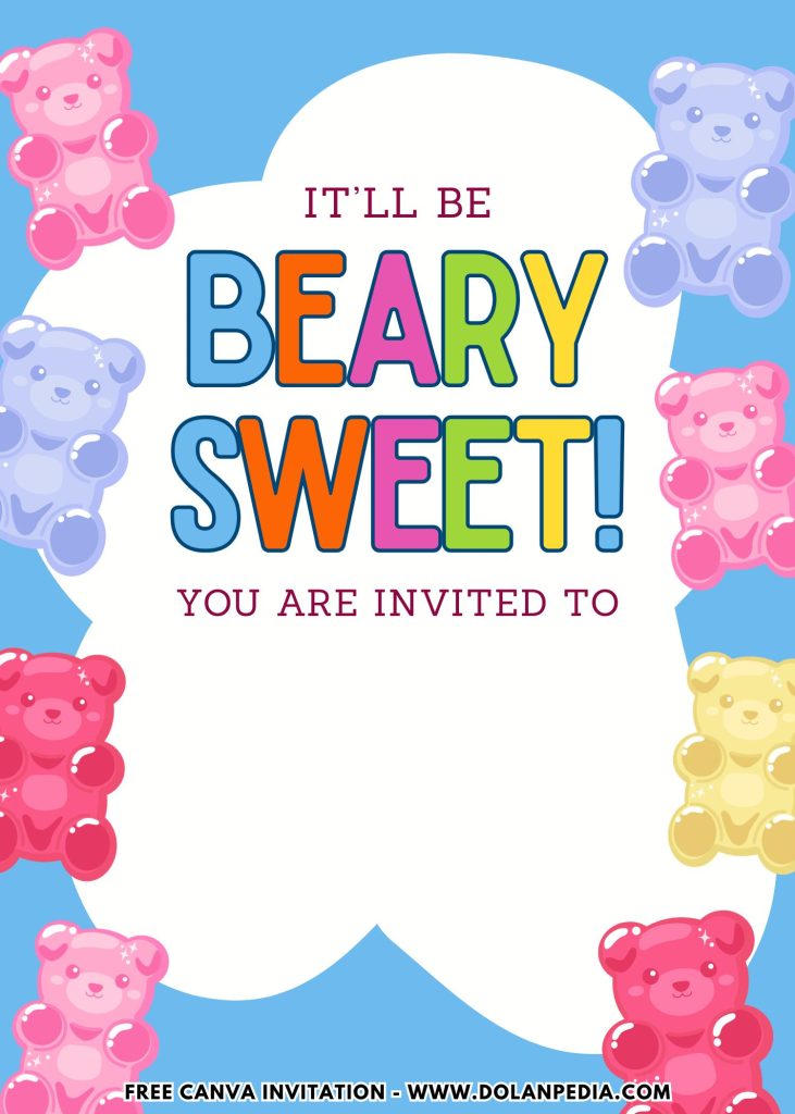 Free and Editable Adorable Gummy Jelly Bear Party Invitation Templates Made in Canva. Customize Online for free