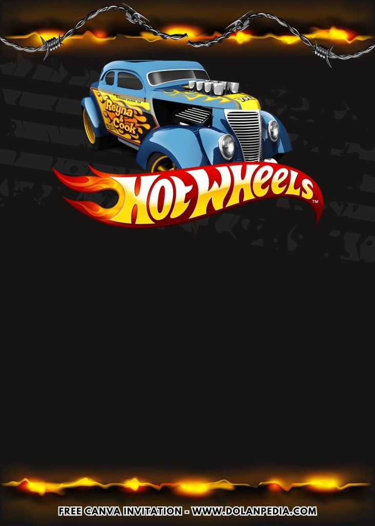 Free and Editable Hotrod Hot Wheels Birthday Invitation Templates Made in Canva. Customize Online for free