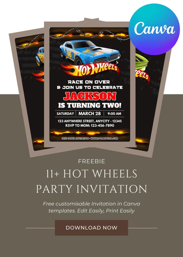 Free and Editable Hot Wheels Birthday Invitation Templates with Fiery Hot Wheels Logo Made in Canva. Customize Online for free
