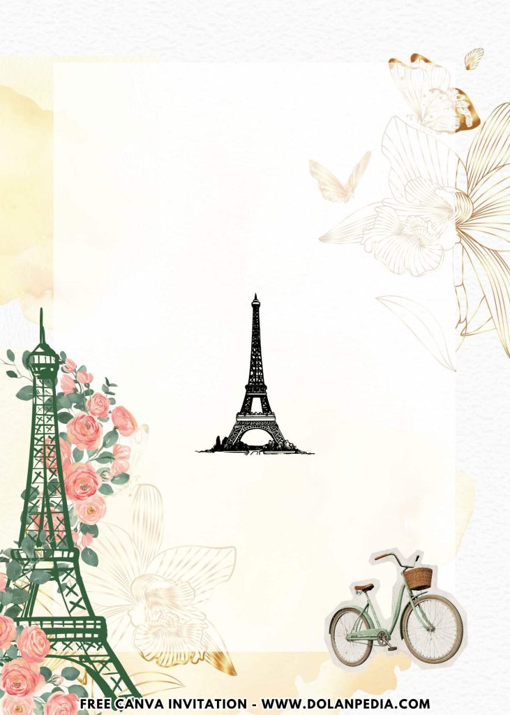 Free and Editable Floral Eiffel Tower Paris Party Invitation Templates Made in Canva. Customize Online for free