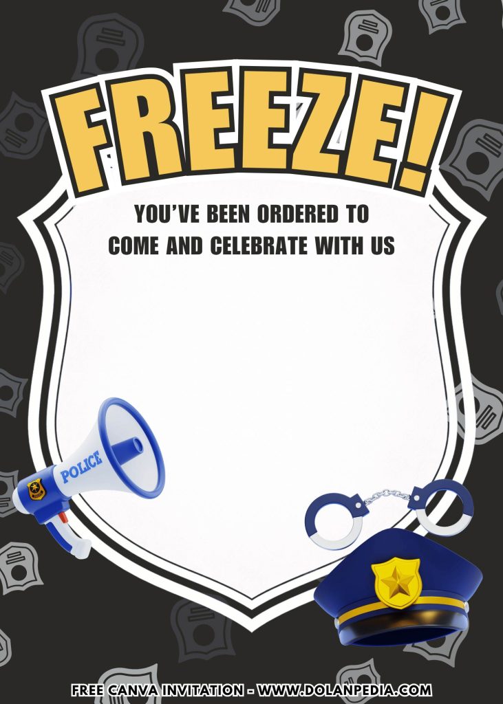 Free and Editable Police Hat and Handcuff Birthday Invitation Templates Made in Canva. Customize Online for free