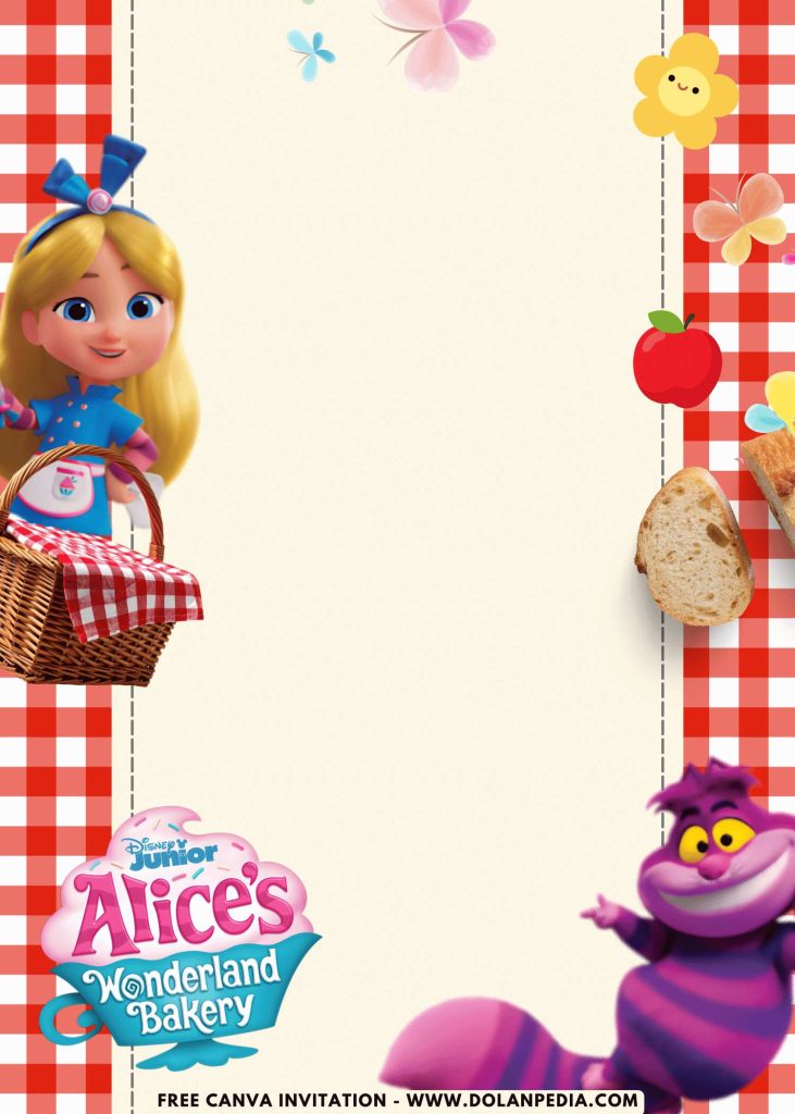Free and Editable Alice in Wonderland Bakery Kids Birthday Party Invitation Templates Made in Canva. Customize Online for free