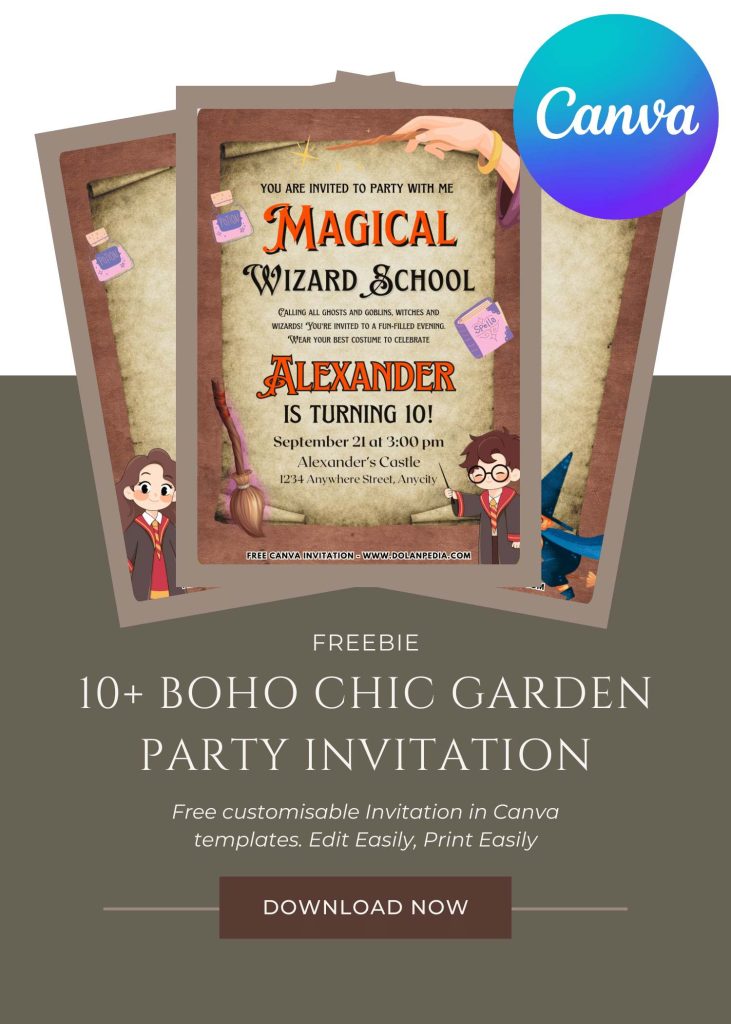 Free and Editable Enchanted Wizard Party Invitation Templates Made in Canva. Customize Online for free
