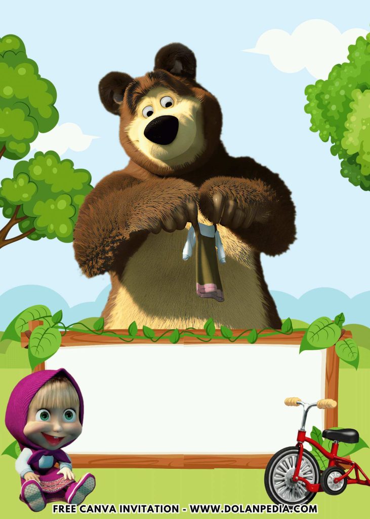 Free and Editable Cute Masha and the Bear Birthday Invitation Templates Made in Canva. Customize Online for free