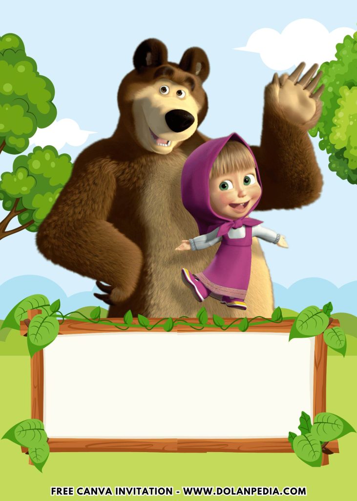 Free and Editable Jungle Masha and the Bear Birthday Invitation Templates Made in Canva. Customize Online for free