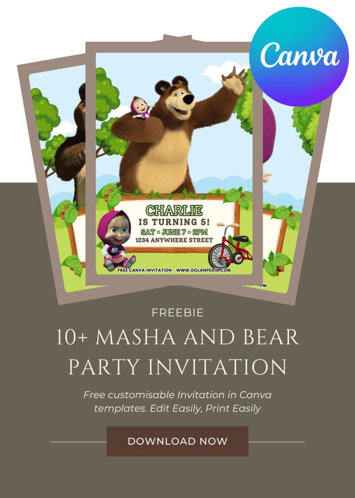 Free and Editable Adorable Masha and the Bear Birthday Invitation Templates Made in Canva. Customize Online for free