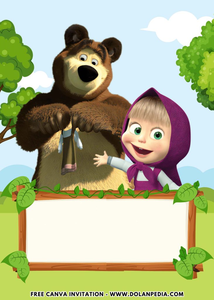 Free and Editable Playful Masha and the Bear Birthday Invitation Templates Made in Canva. Customize Online for free