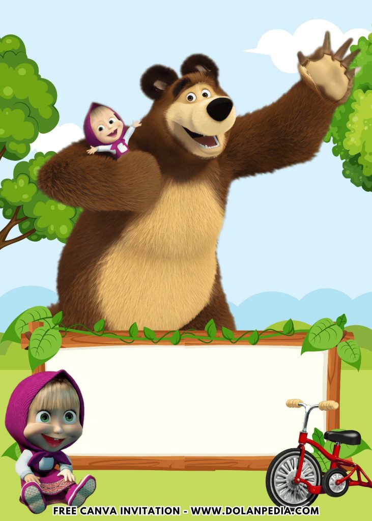 Free and Editable Happy Masha and the Bear Birthday Invitation Templates Made in Canva. Customize Online for free