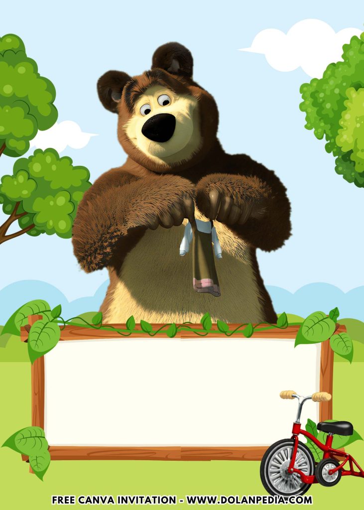 Free and Editable Lovely Cute Masha and the Bear Birthday Invitation Templates Made in Canva. Customize Online for free