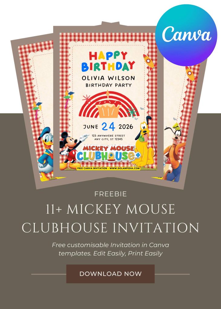 Free and Editable Festive and Colorful Mickey And Friends Invitation Templates Made in Canva. Customize Online for free