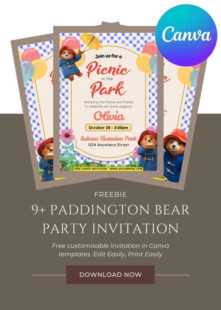 Free and Editable Paddington Bear Picnic Party Invitation Templates Made in Canva. Customize Online for free