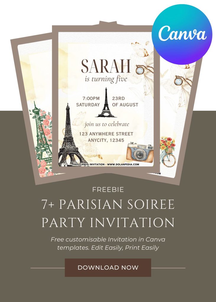 Free and Editable Paris Party Invitation Templates Made in Canva. Customize Online for free