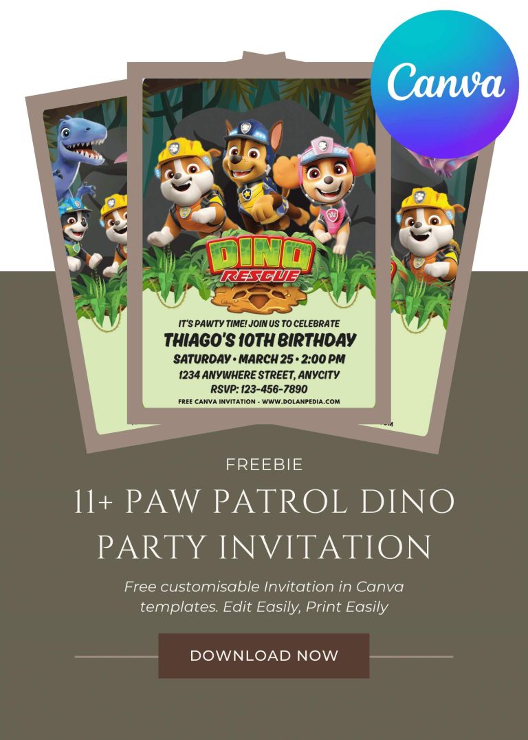 Free and Editable Fantastic PAW Patrol Dino Rescue Invitations Made in Canva. Customize Online for free