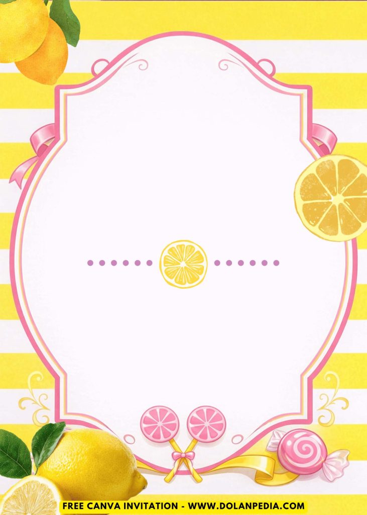 Free and Editable Lemon Slices Lemonade Party Invitation Templates with Yellow Stripes Background Made in Canva. Customize Online for free