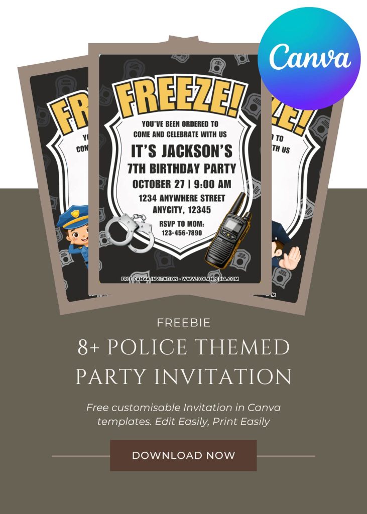 Free and Editable Police Kids Birthday Invitation Templates Made in Canva. Customize Online for free